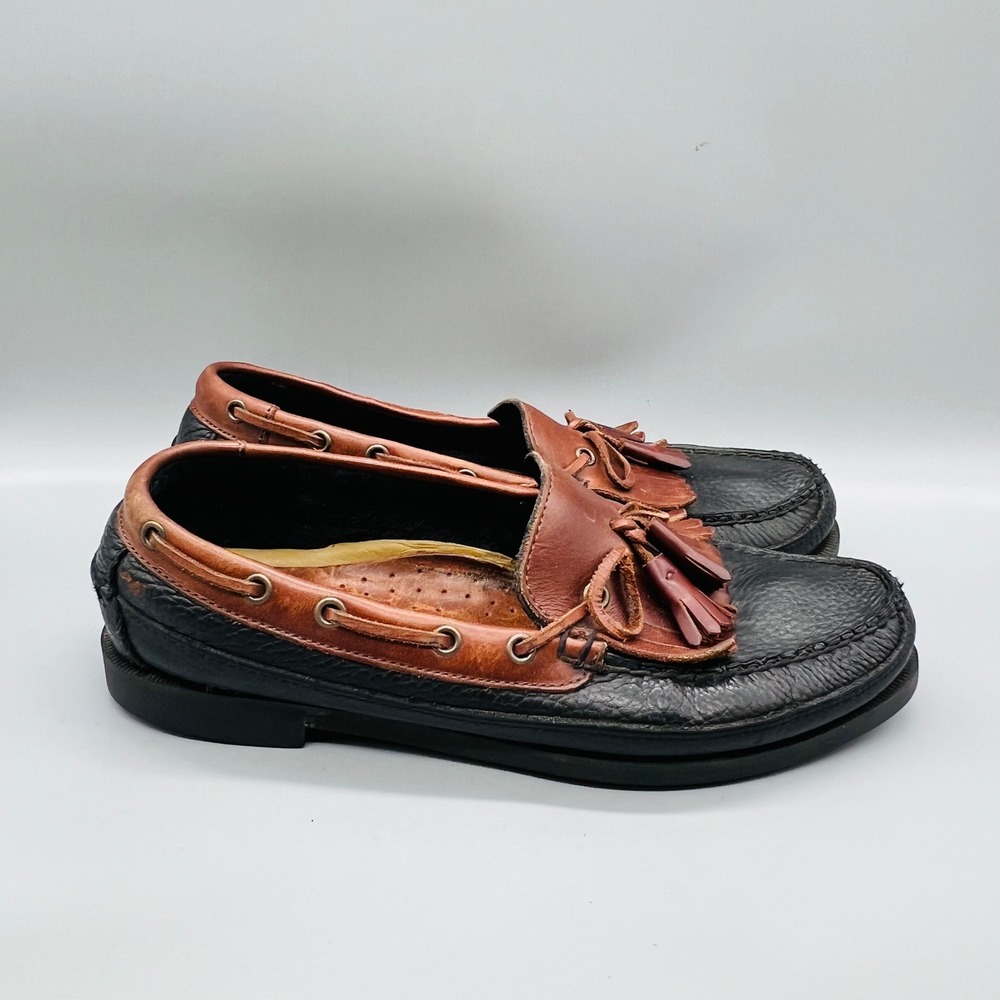 Sperry Shoes Mens 11 Black Brown Leather Top Sider Boat Tassel Loafers Vtg